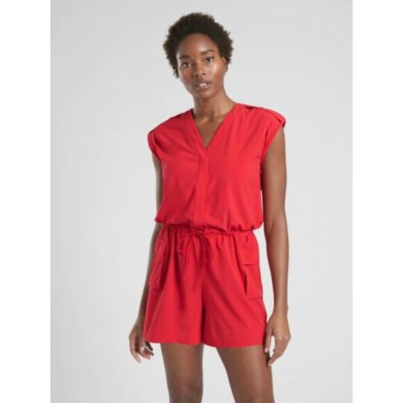 Athleta 12 Hibiscus Red Sutton Romper V Neck Cinch Waist Pockets Short Sleeve - Picture 10 of 10